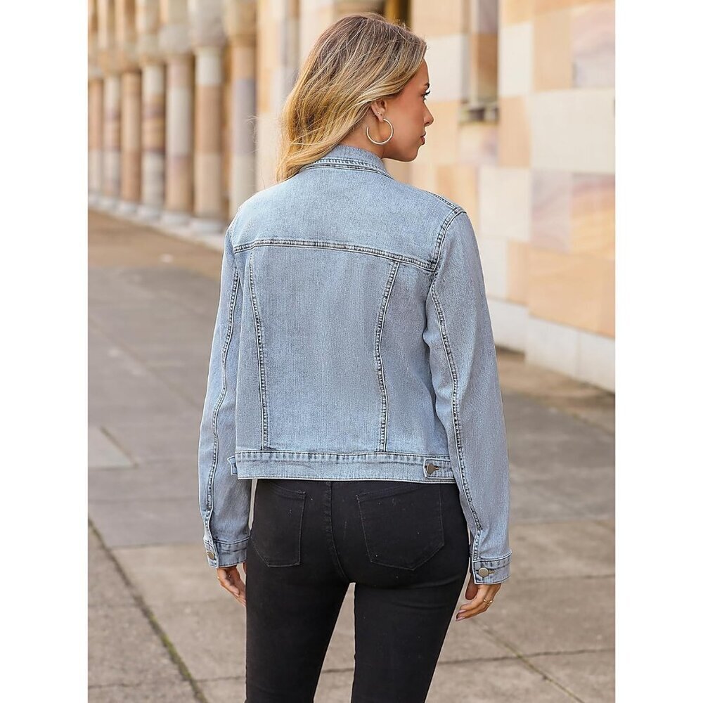 Women's Jean Jacket Long Sleeve Denim Jacket Button Down with Pockets Light Blue - Picture 5 of 7
